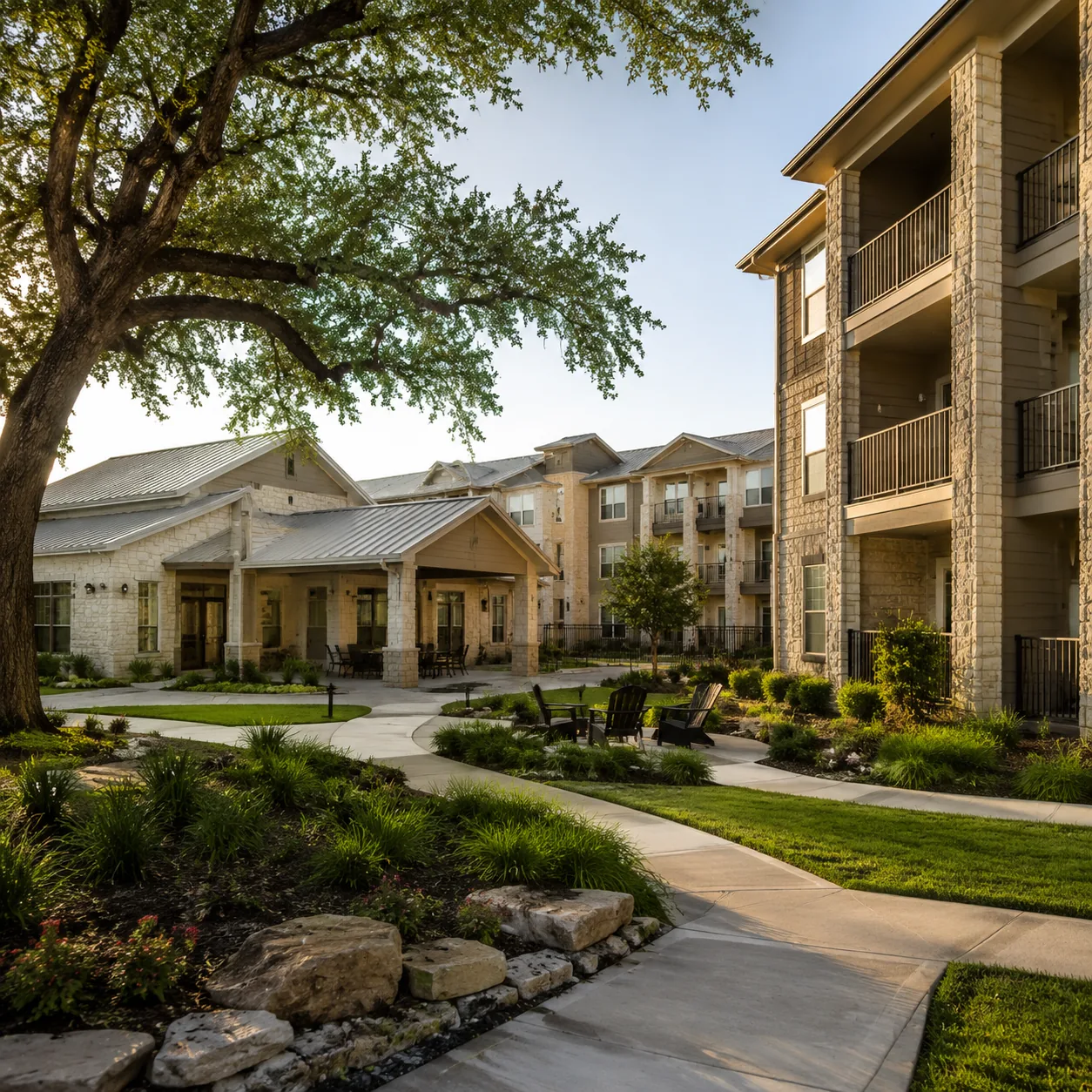 Realistic editorial photo of a Georgetown Texas 55 plus apartment community with balconies, clubhouse, sidewalks, and ho