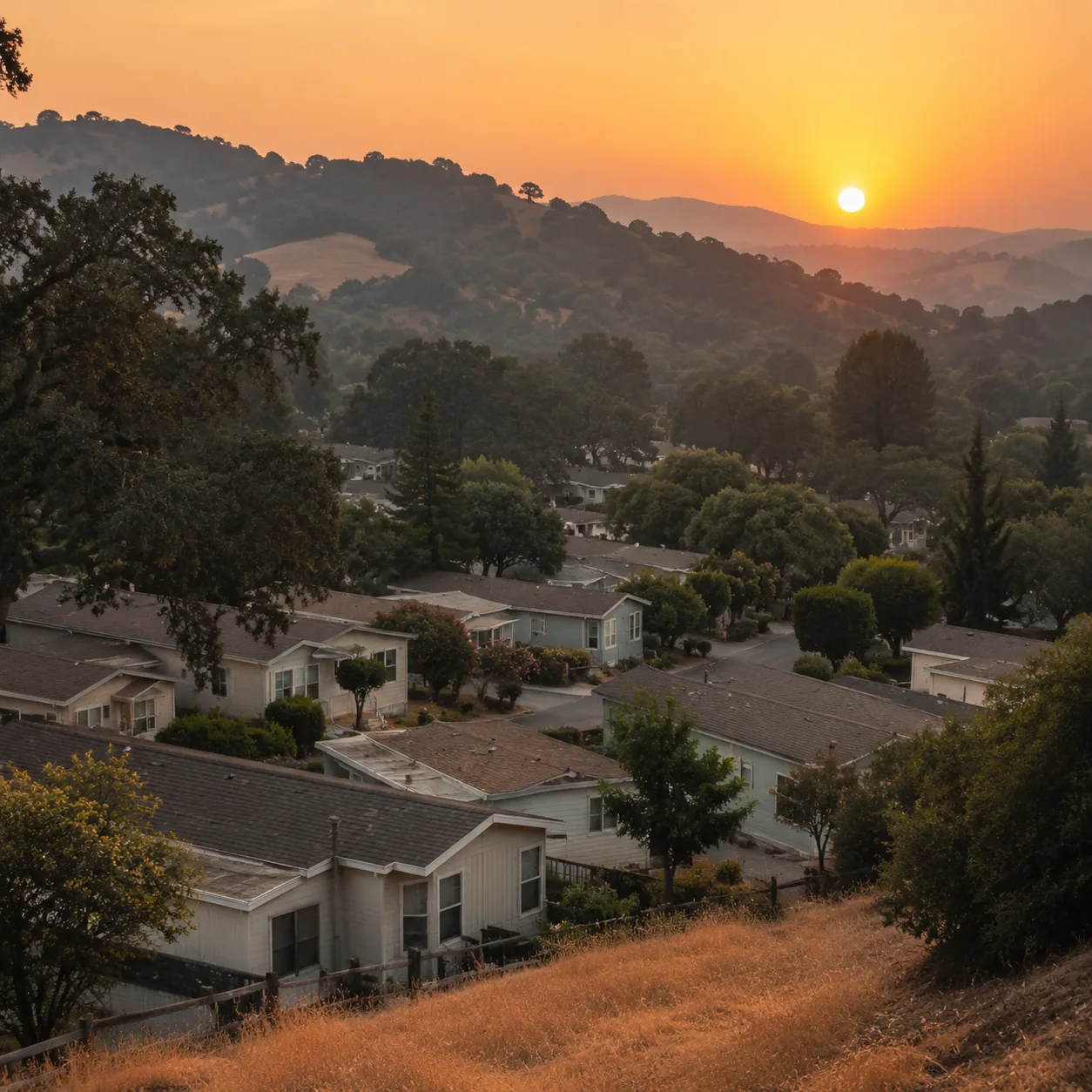 Realistic editorial photo of a Santa Rosa retirement village near wooded hills with older homes, oak trees, dry grass, a