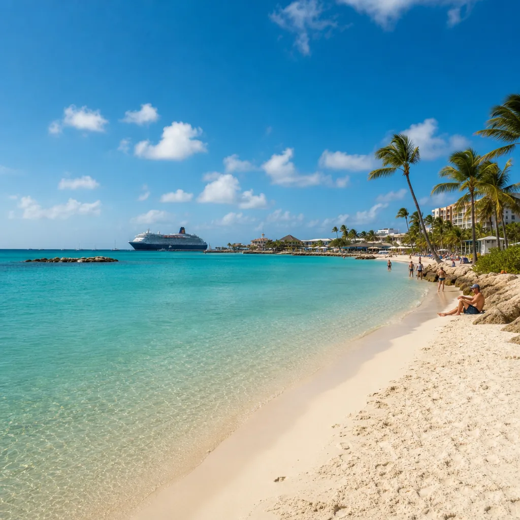 Realistic editorial photo of Aruba beach scene showing cruise ship days near oranjestad, dry island light and turquoise 