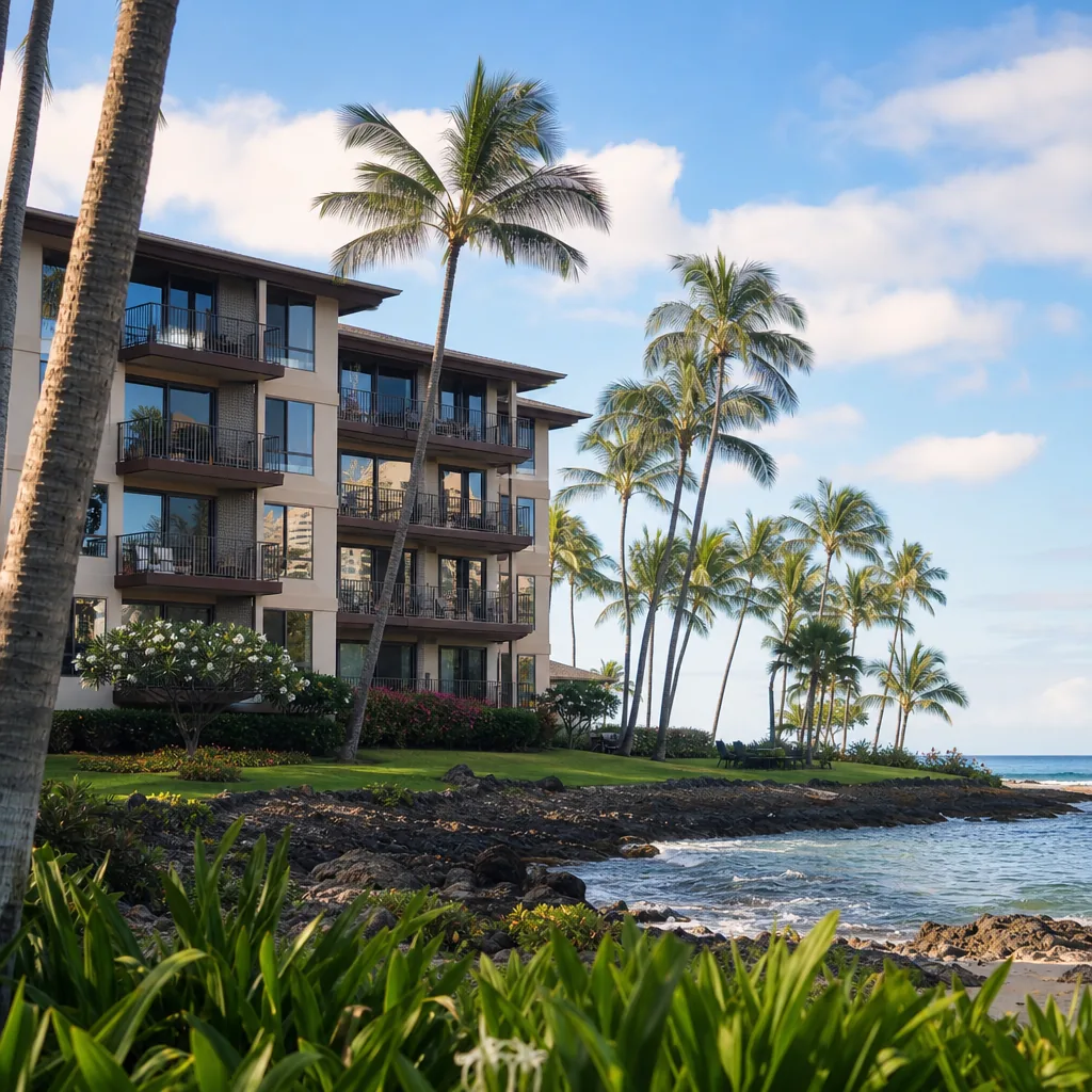 Realistic editorial photo of Hawaii resort scene showing condo-hotel without daily service expectations, tropical beach