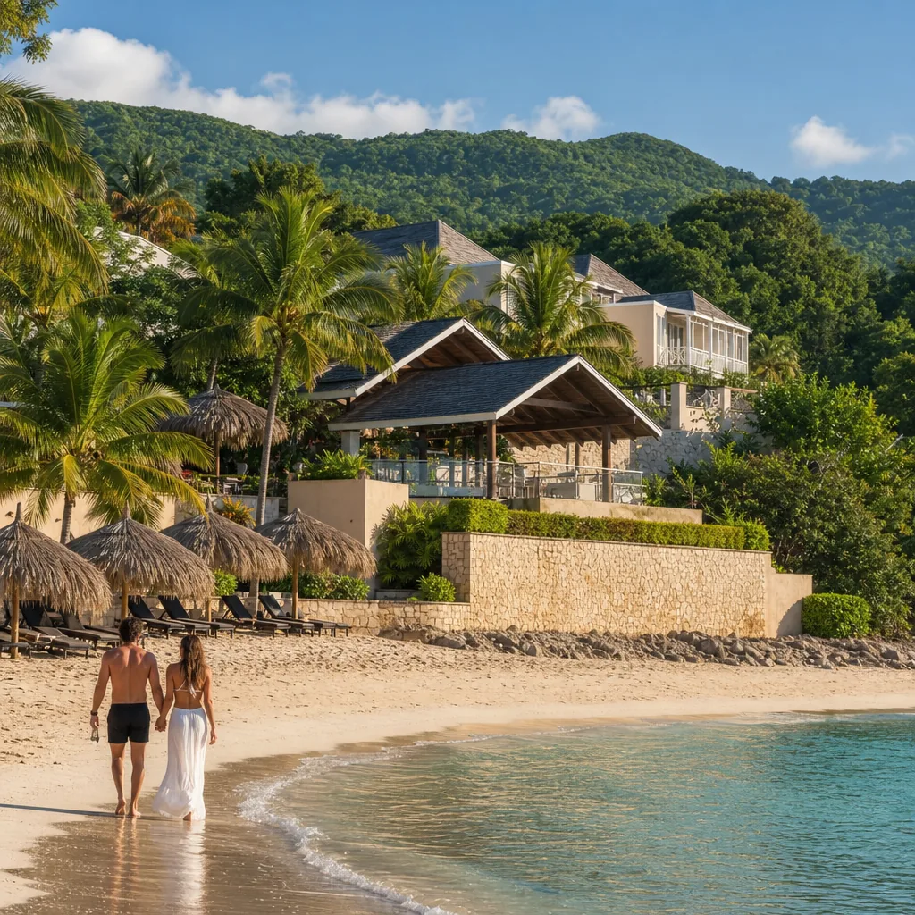 Realistic editorial photo of Jamaica all-inclusive resort scene showing club level without restaurant priority, beach an