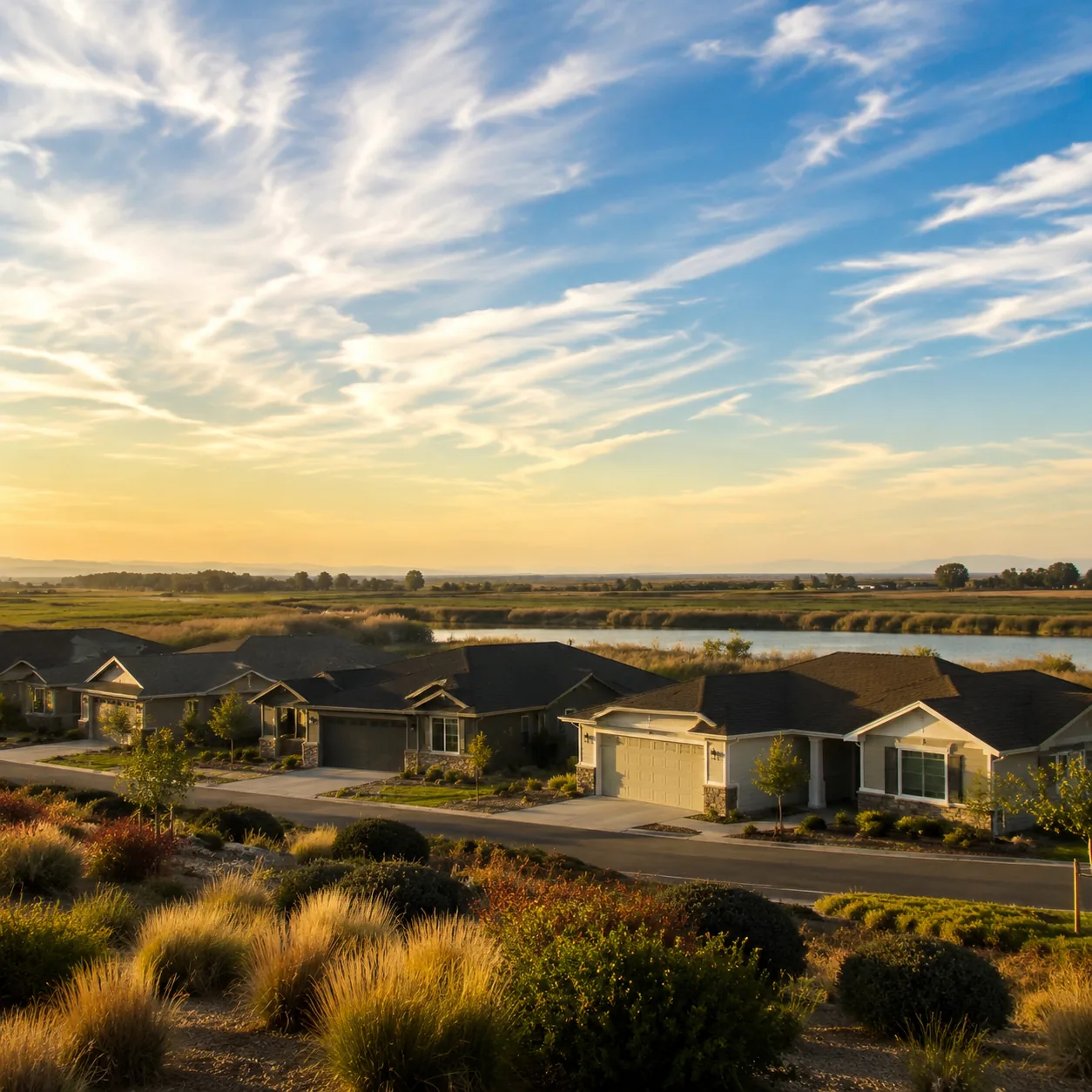 Realistic editorial photo of a Delta-area California active adult community with low homes, open flat land, windy sky, a