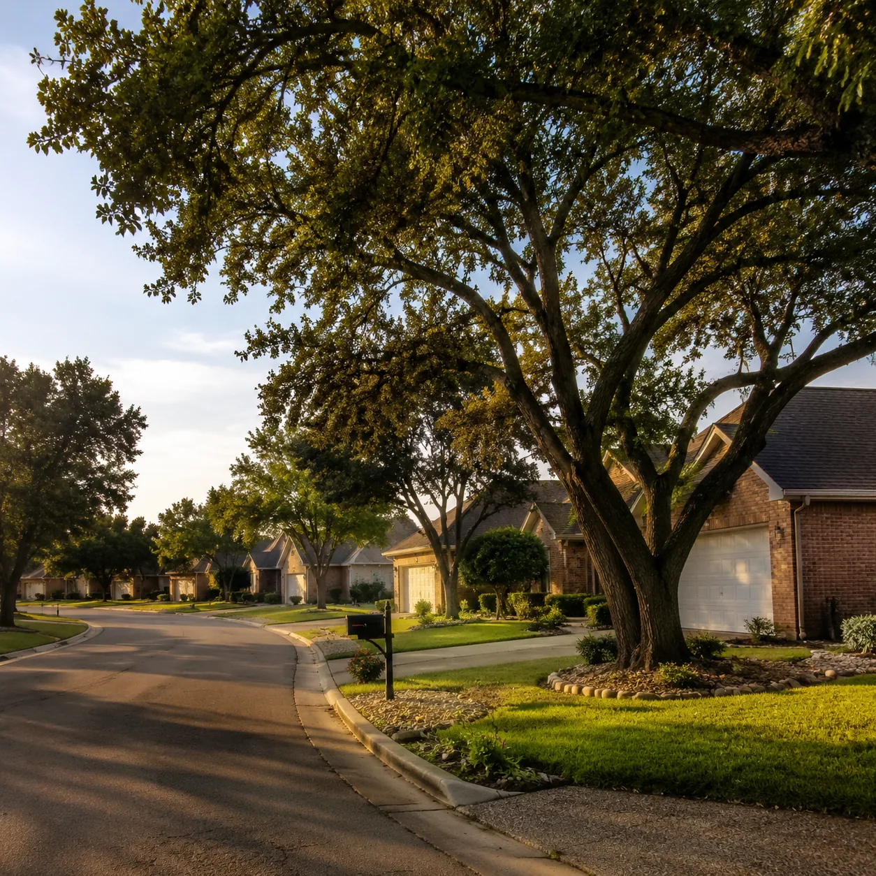 Realistic editorial photo of an established Georgetown Texas active adult neighborhood with modest brick homes, oak tree