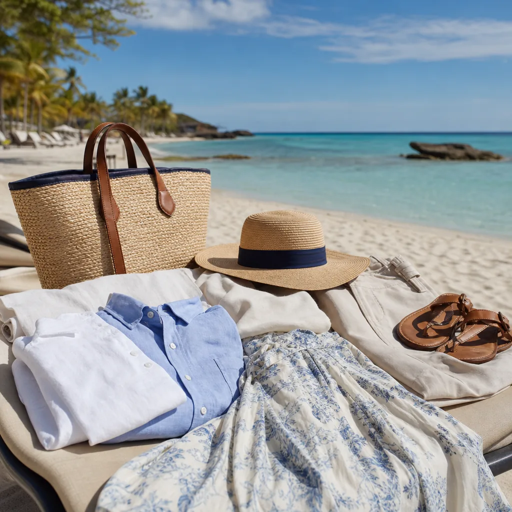 Realistic editorial photo of Aruba beach scene showing packing only dressy resort clothes, dry island light and turquois