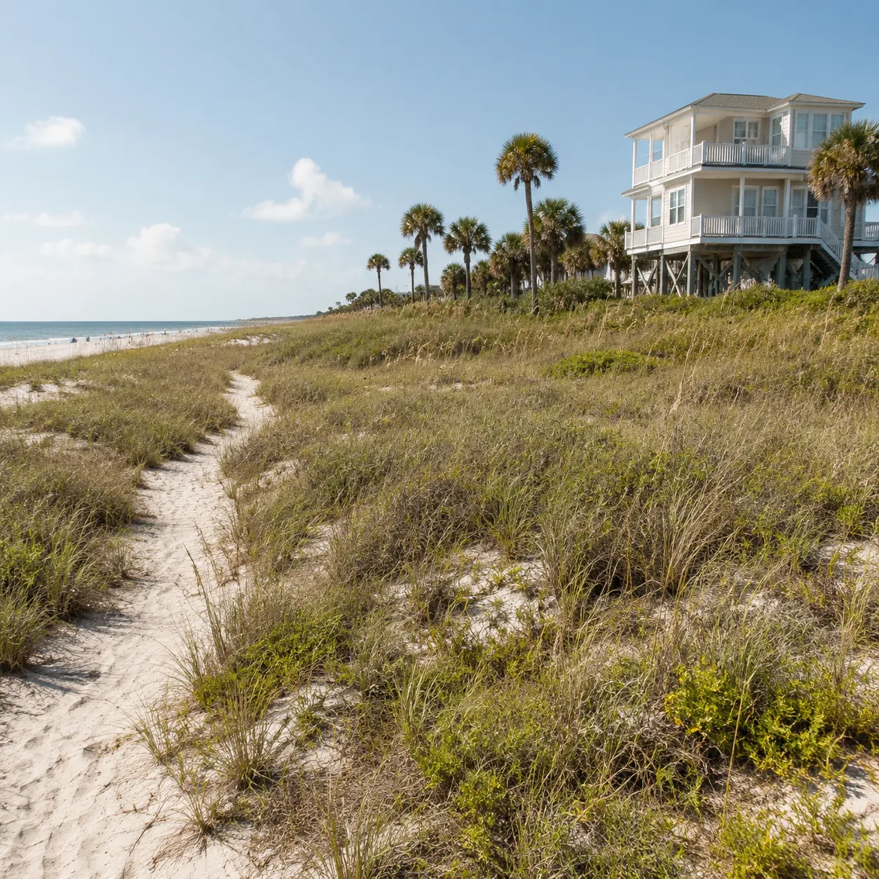 Realistic editorial photo of Florida beach vacation scene showing beach house too far from the water, bright coastal set
