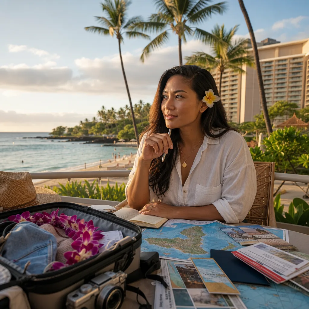 Realistic editorial photo of Hawaii resort scene showing overpacking the itinerary across islands, tropical beach settin