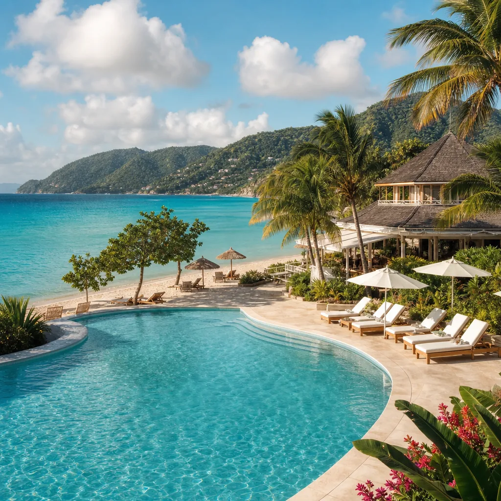 Realistic editorial photo of Jamaica all-inclusive resort scene showing resort based on a single pool photo, beach and t