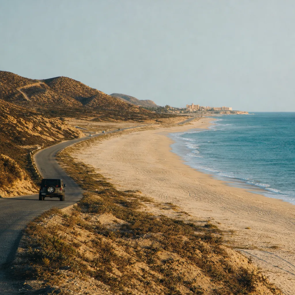 Realistic editorial photo of Mexico resort scene showing resort too far from town, beach resort setting, warm natural li