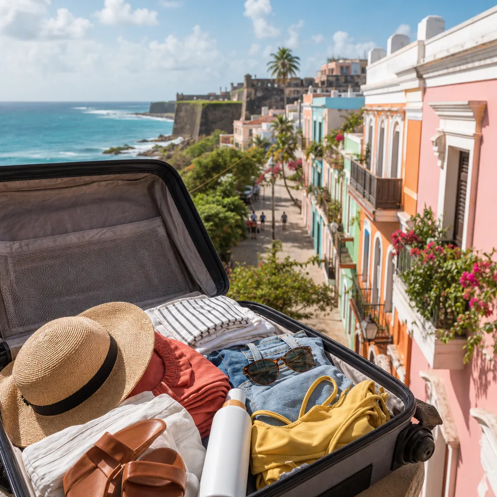 Realistic editorial photo of Puerto Rico travel scene showing packing like it is only a beach trip, colorful streets and