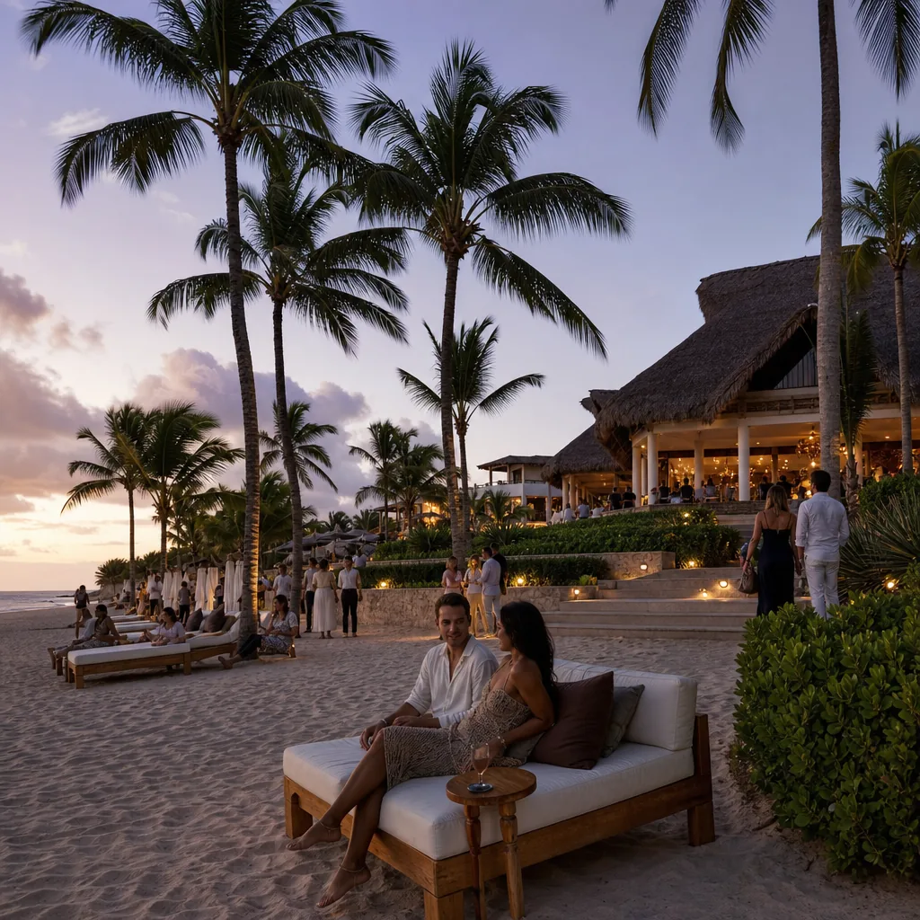 Realistic editorial photo of Punta Cana all-inclusive resort scene showing uvero alto for nightlife, palms and resort be