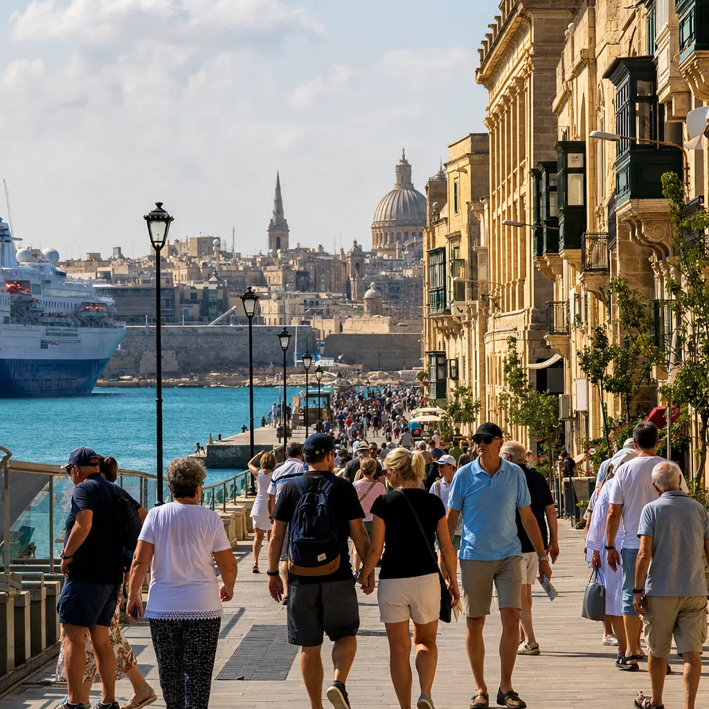 Realistic editorial photo of Valletta, Malta cruise port waterfront with visitors, local streets, and ship-day energy, w