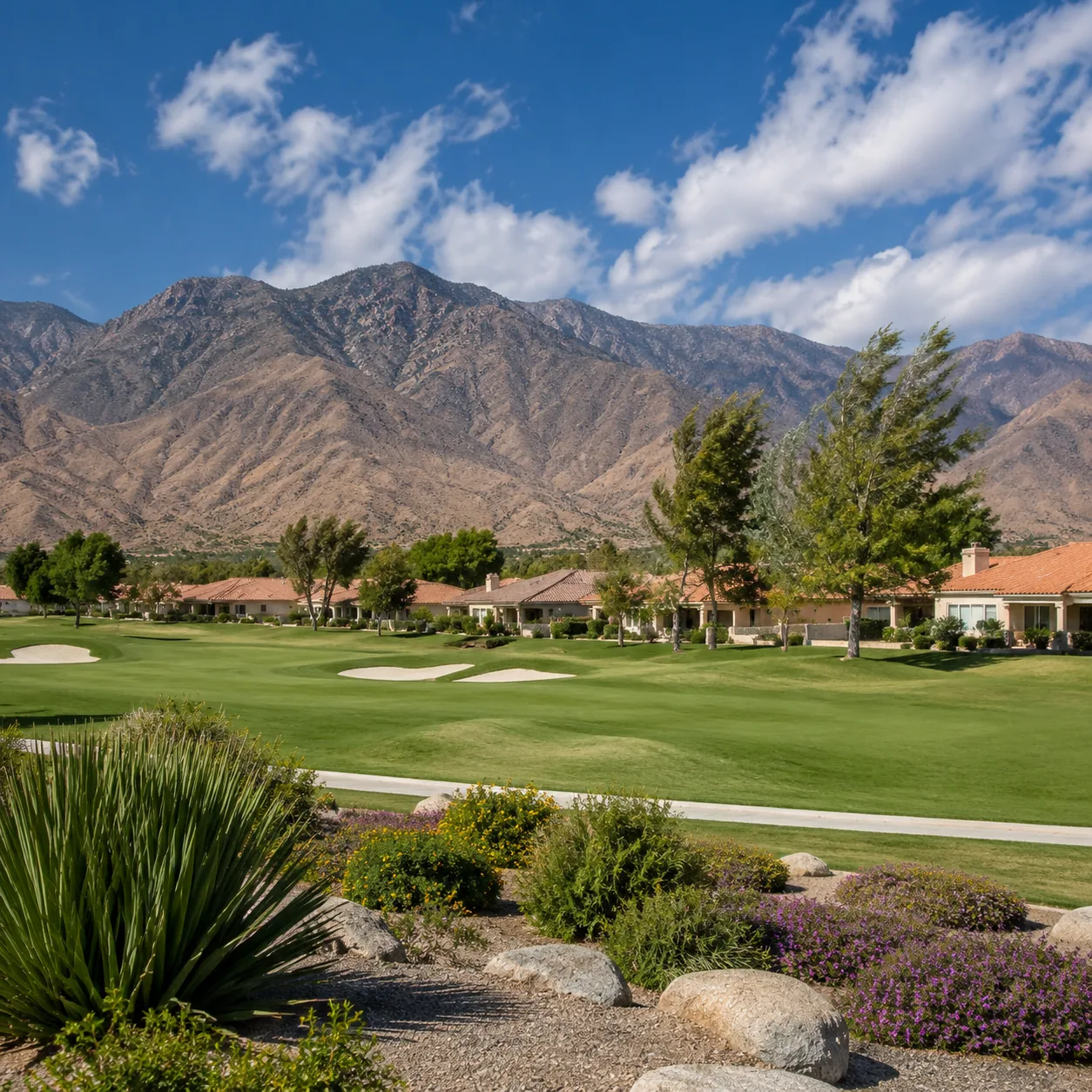 Realistic editorial photo of a Banning California retirement golf community with dry mountains, fairway, stucco homes, a