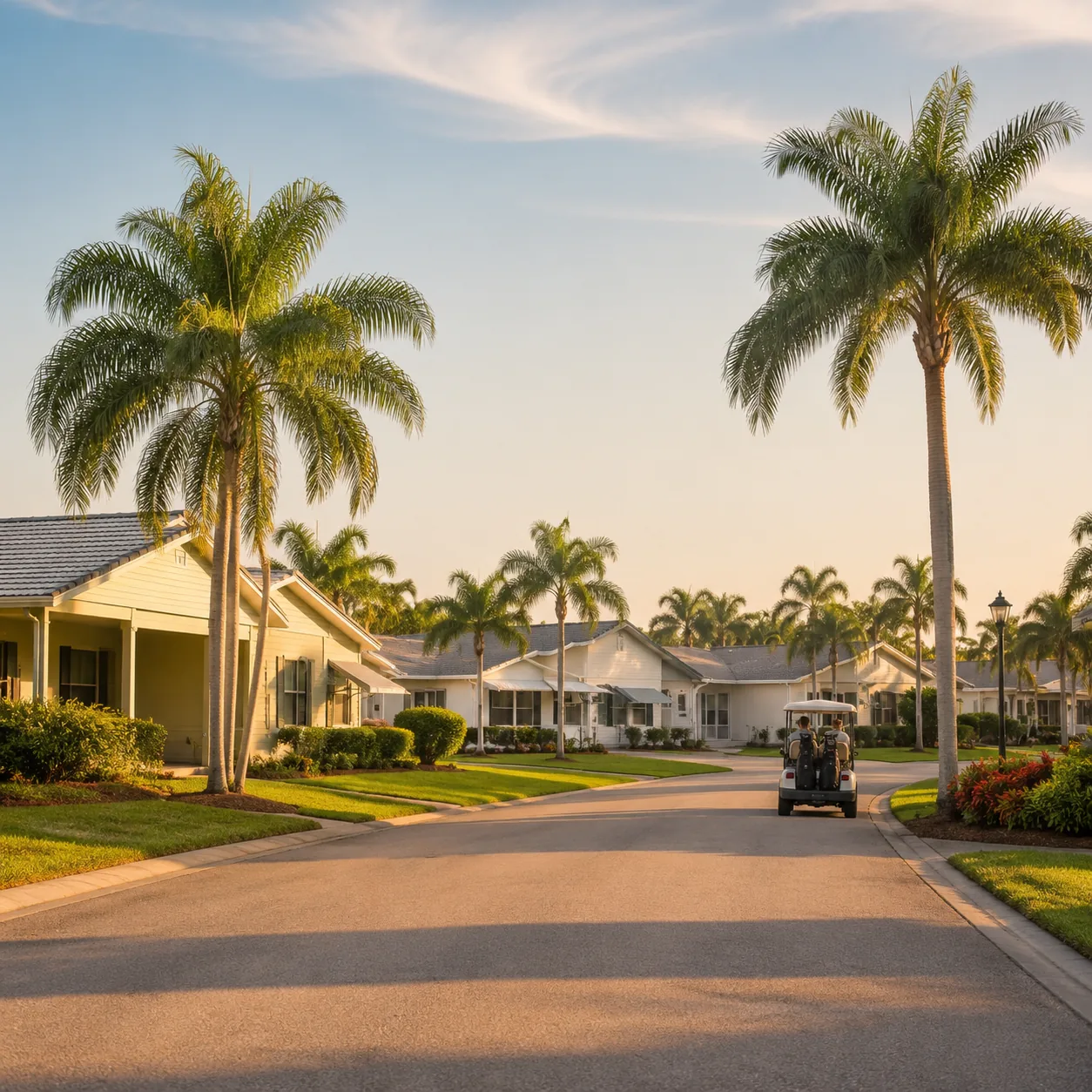 Realistic editorial photo of a Gulf Coast Florida retirement golf community with modest homes, palm trees, a quiet stree
