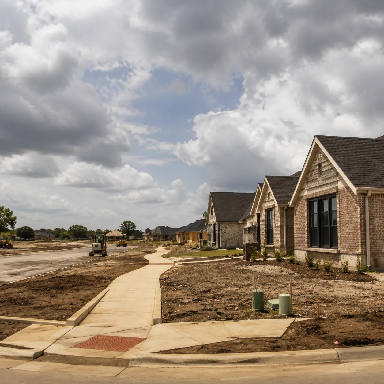 Realistic editorial photo of a newer Willis Texas active adult golf community under construction with brick homes, open 