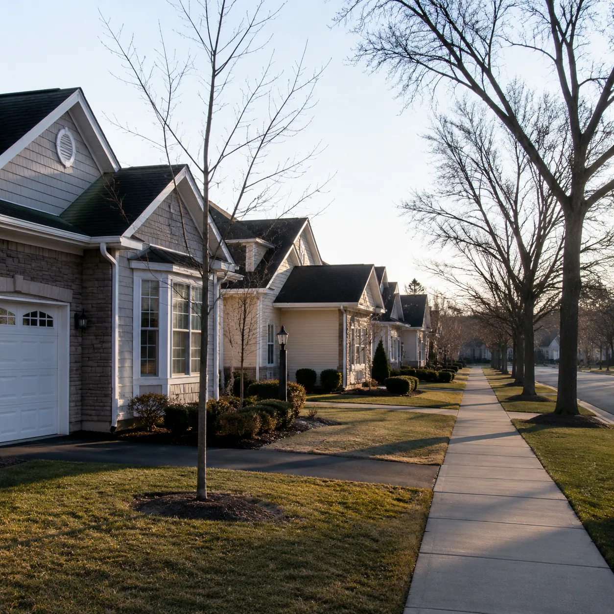 Realistic editorial photo of a Suffolk County active adult community with attached homes, sidewalks, winter-bare trees, 