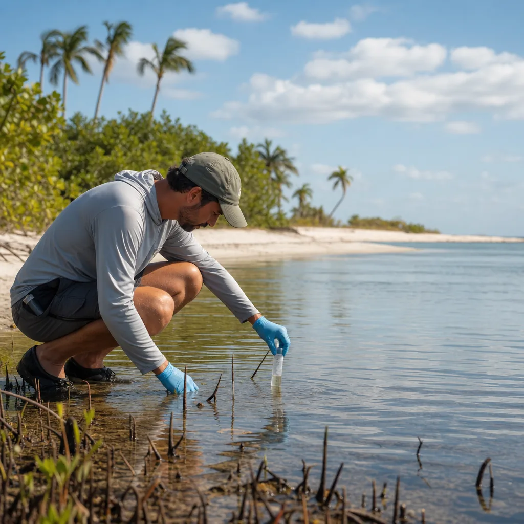 Realistic editorial photo of Florida beach vacation scene showing mosquito checks in lagoon areas, bright coastal settin