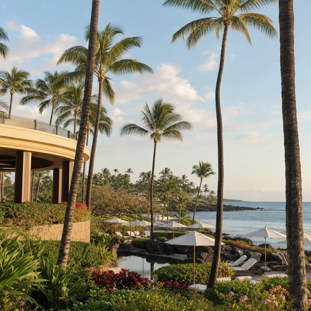 Realistic editorial photo of Hawaii resort scene showing partial ocean view without seeing guest photos, tropical beach