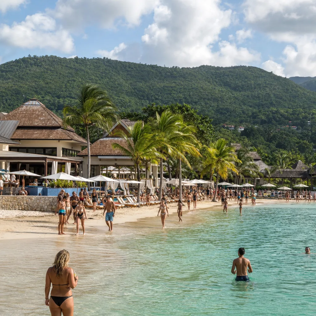 Realistic editorial photo of Jamaica all-inclusive resort scene showing adults-only resort with day pass crowds, beach a