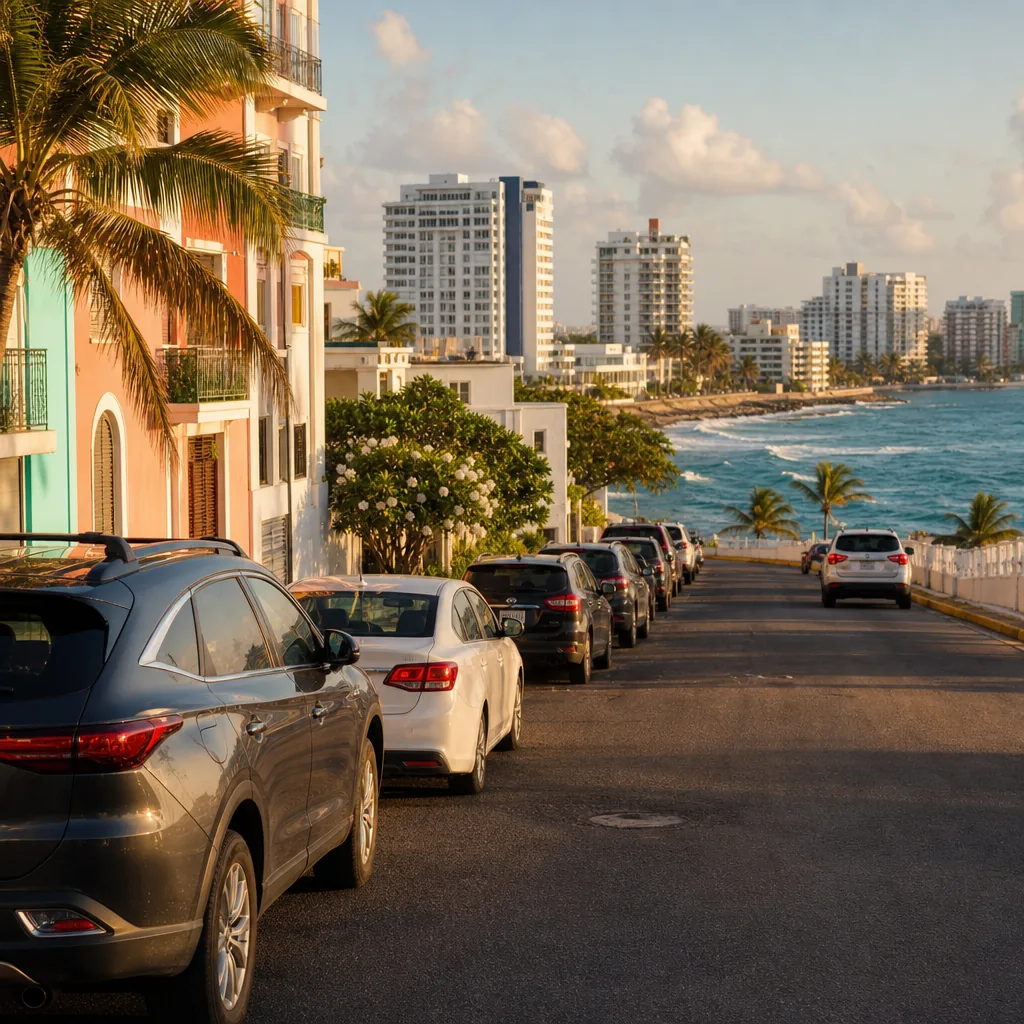 Realistic editorial photo of Puerto Rico travel scene showing parking in condado and isla verde, colorful streets and co