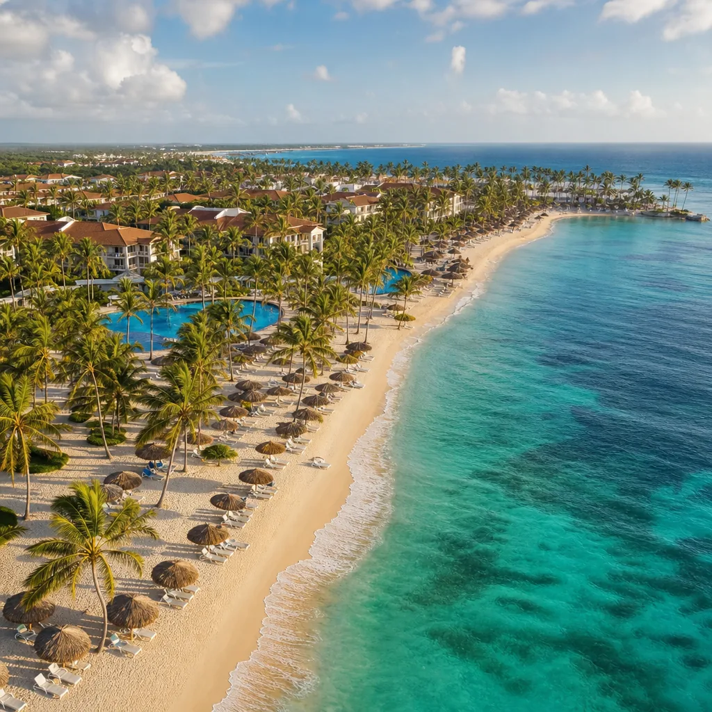 Realistic editorial photo of Punta Cana all-inclusive resort scene showing drone photos more than guest photos, palms an