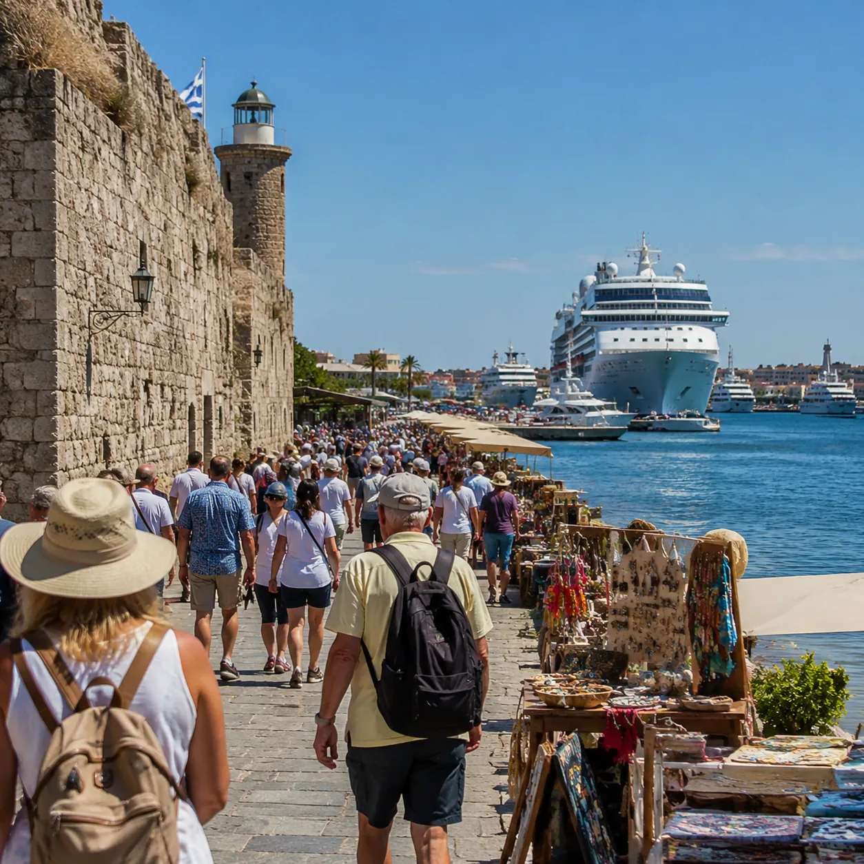 Realistic editorial photo of Rhodes, Greece cruise port waterfront with visitors, local streets, and ship-day energy, wa