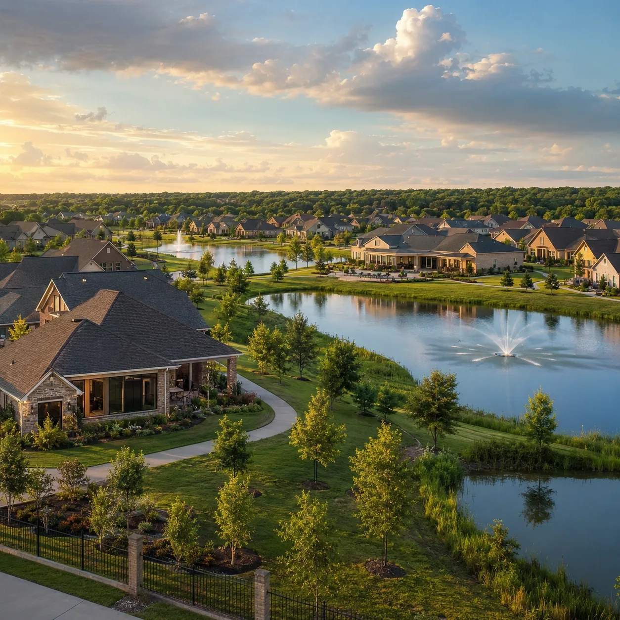 Realistic editorial photo of a newer Fulshear Texas active adult community with fresh landscaping, brick homes, retentio