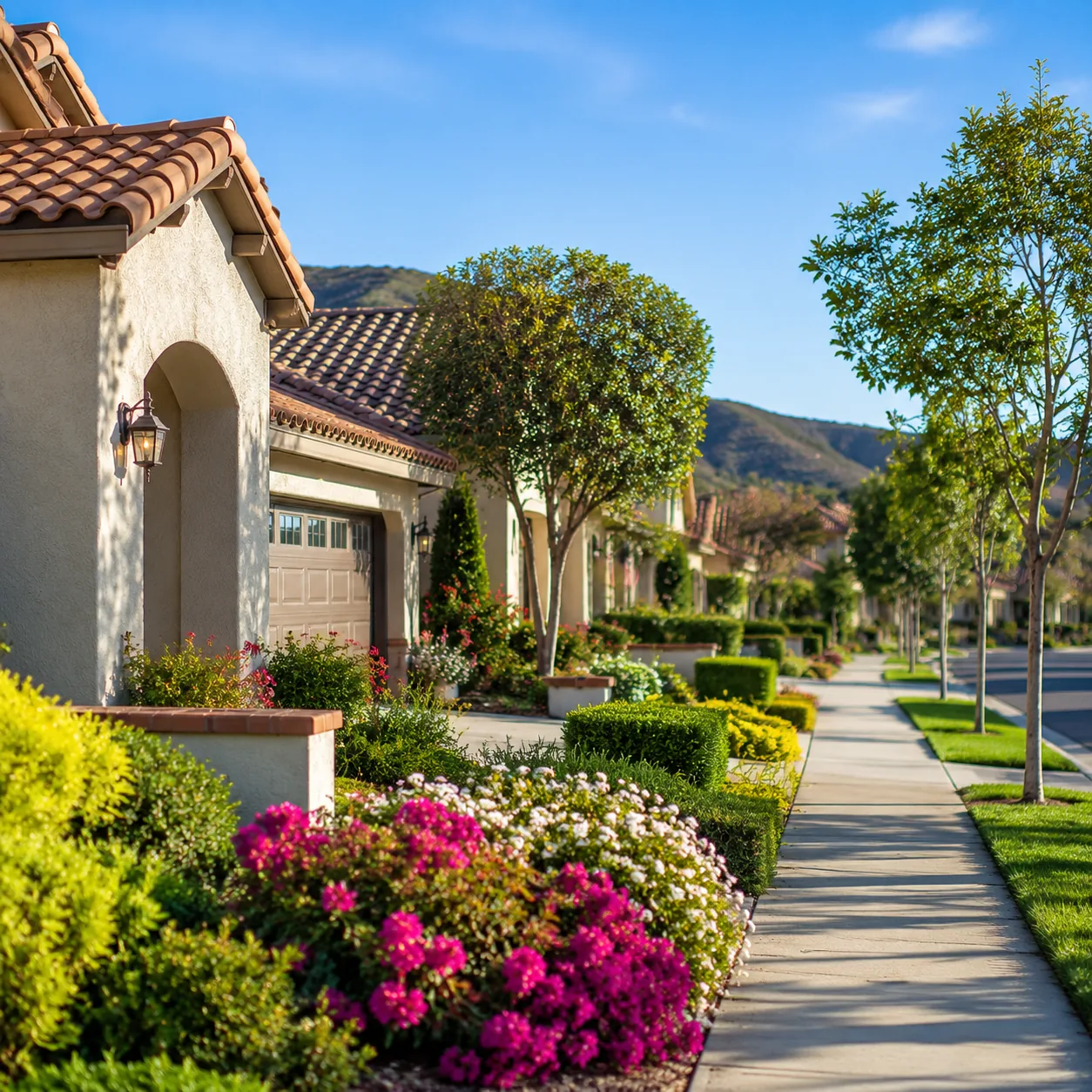 Realistic editorial photo of a polished Mission Viejo active adult neighborhood with flowers, tiled roofs, clean sidewal