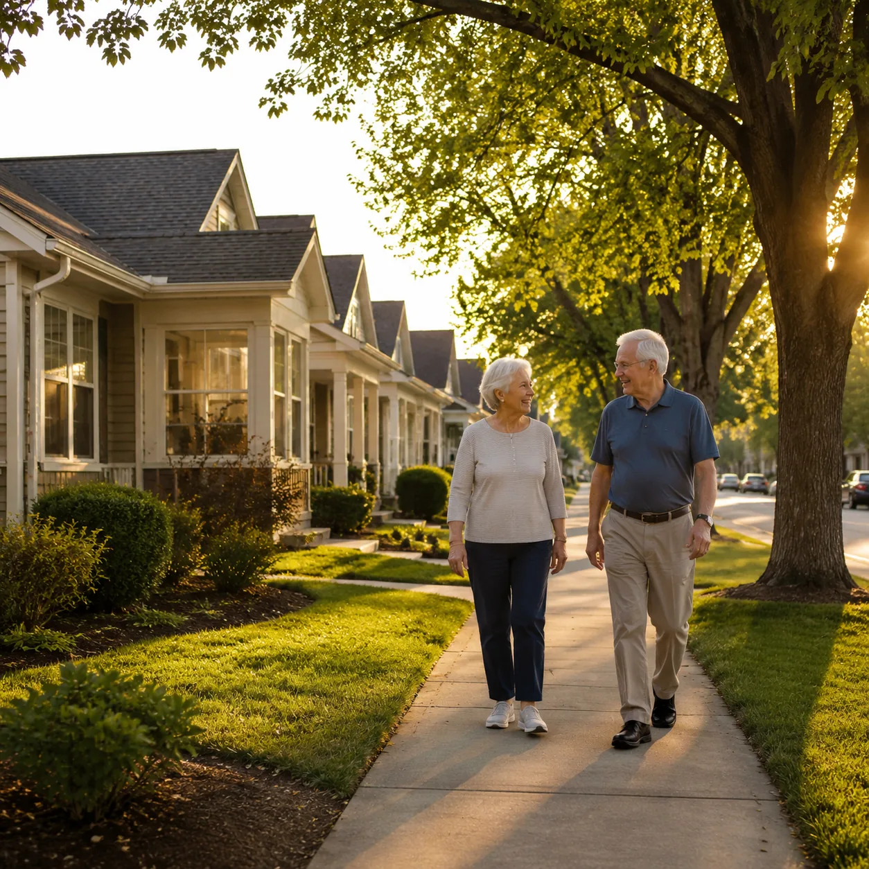 Realistic editorial photo of a South Jersey 55 plus community with modest homes, sidewalks, mature trees, and warm late 