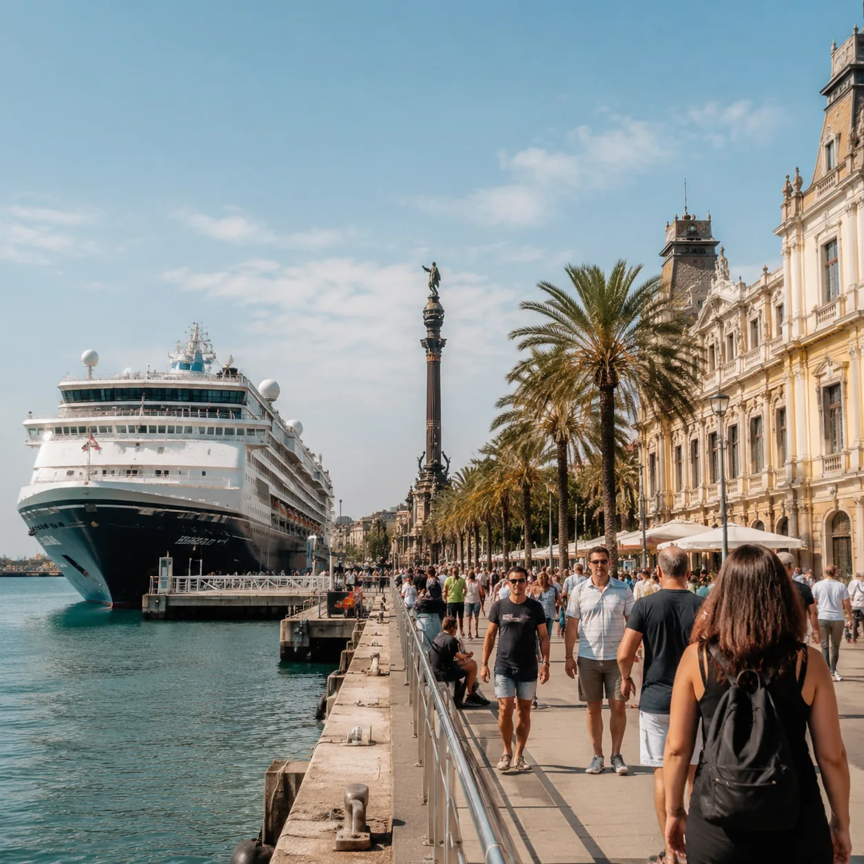 Realistic editorial photo of Barcelona, Spain cruise port waterfront with visitors, local streets, and ship-day energy, 