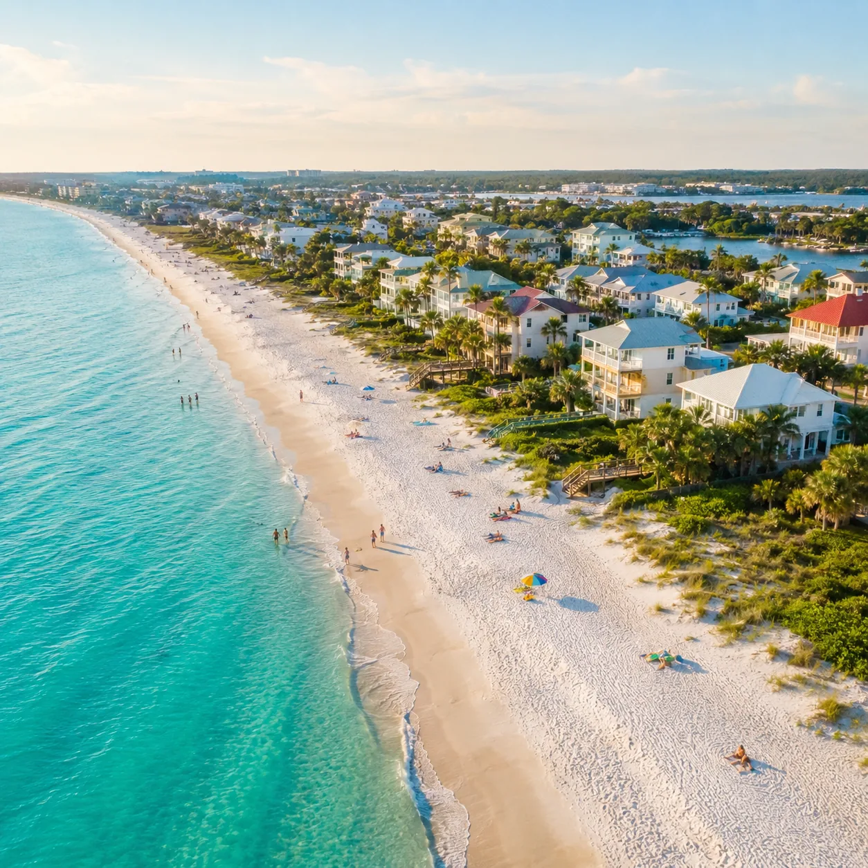 Realistic editorial photo of Florida beach vacation scene showing town based only on one viral beach, bright coastal set