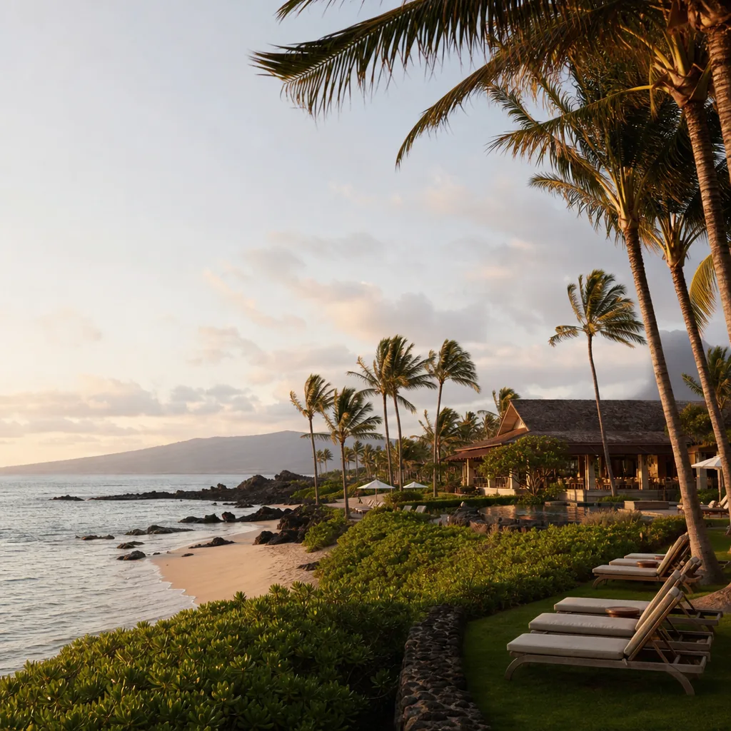 Realistic editorial photo of Hawaii resort scene showing remote resort for a three-night trip, tropical beach setting, w