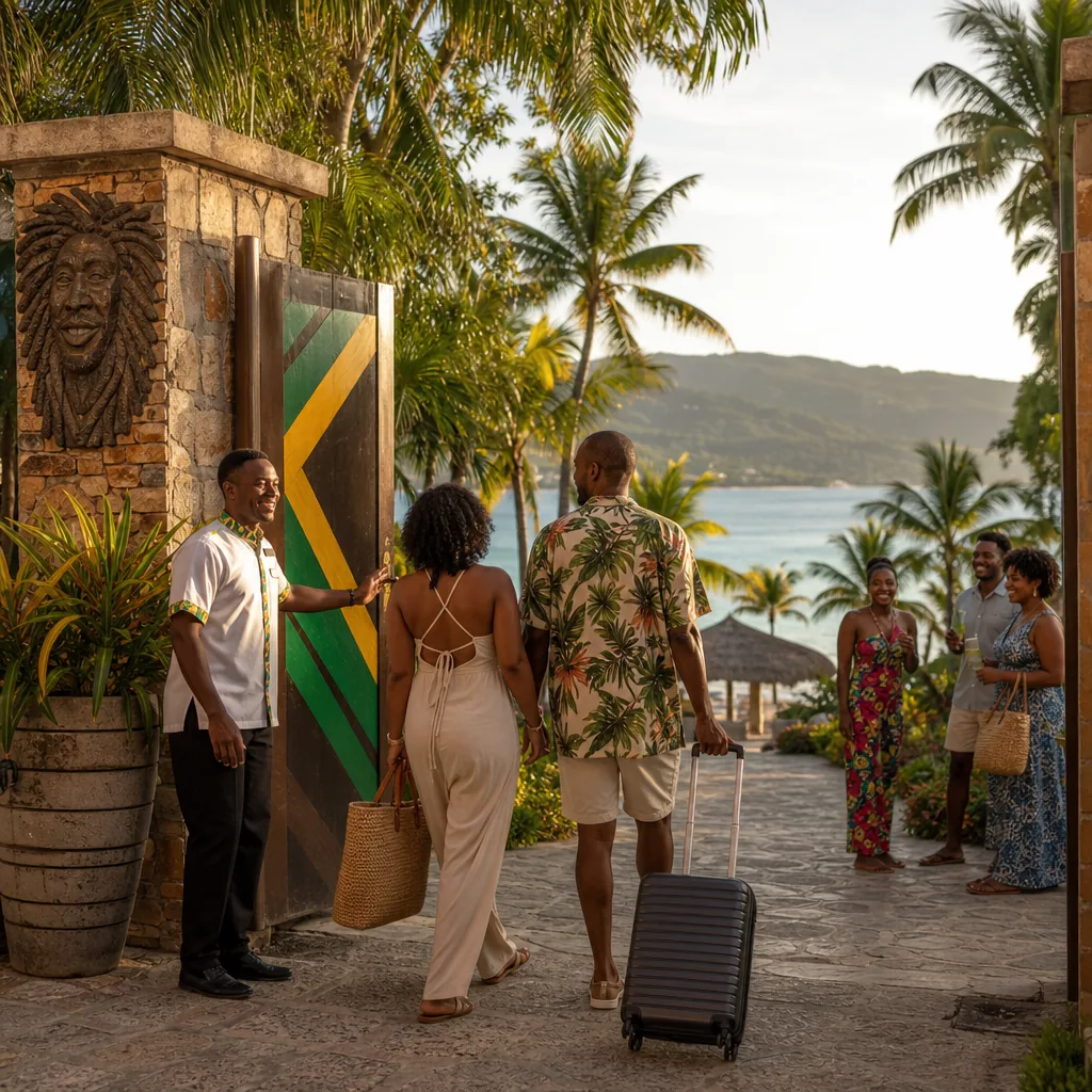 Realistic editorial photo of Jamaica all-inclusive resort scene showing local culture without leaving the gate, beach an