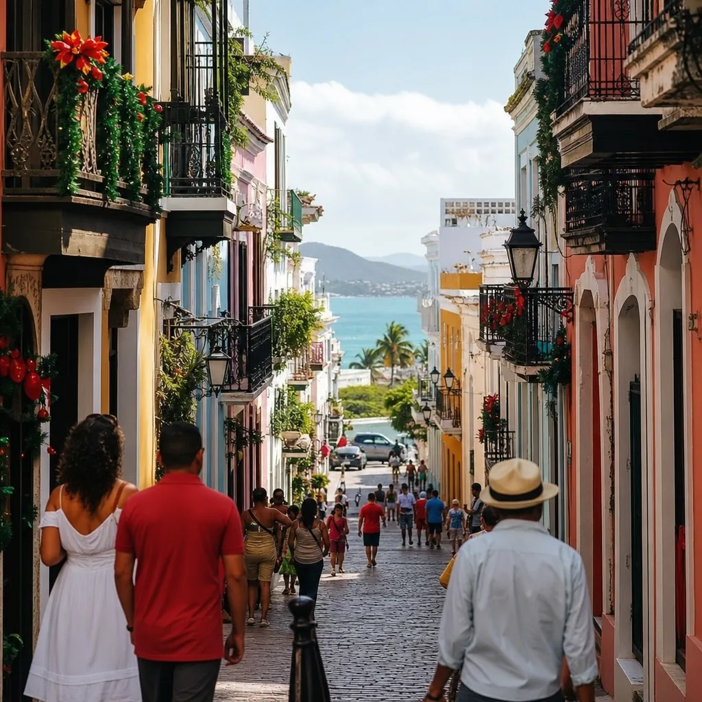 Realistic editorial photo of Puerto Rico travel scene showing a major local holiday without knowing it, colorful streets