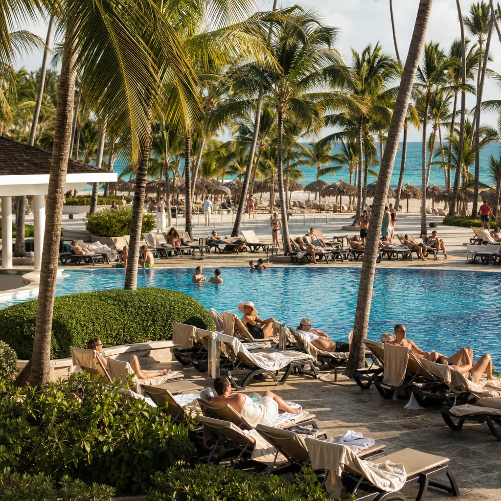 Realistic editorial photo of Punta Cana all-inclusive resort scene showing pool chair competition, palms and resort beac