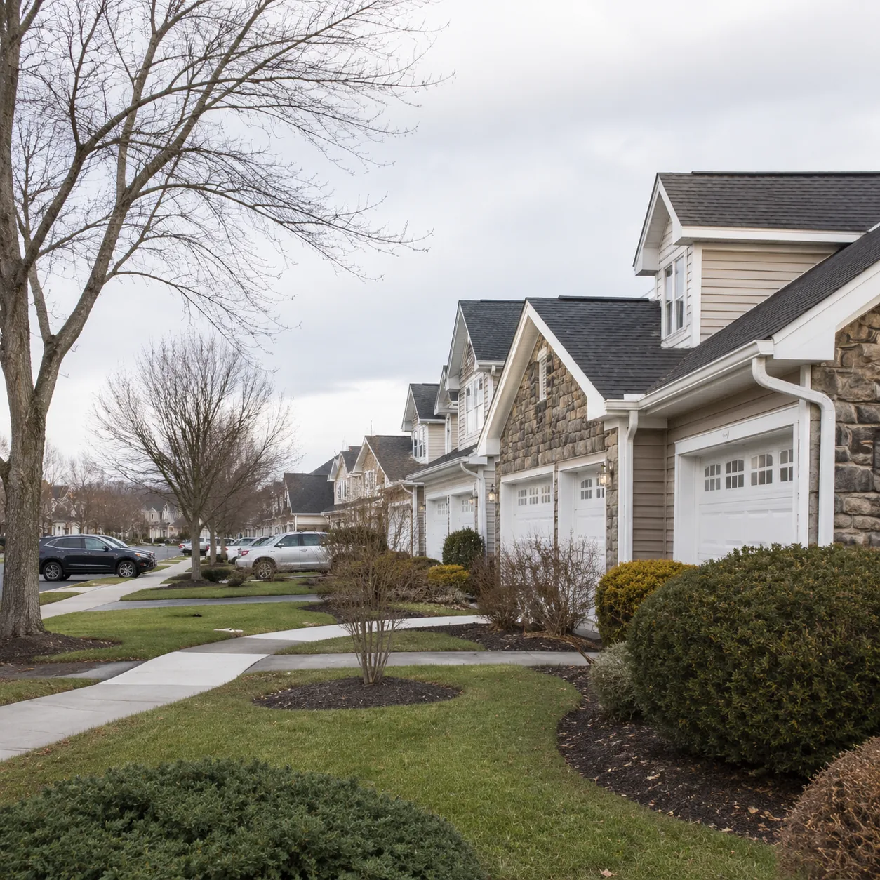 Realistic editorial photo of a Freehold New Jersey active adult neighborhood with attached homes, bare trees, parked car