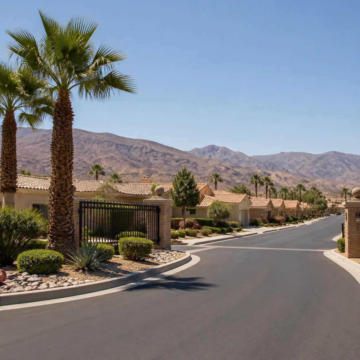 Realistic editorial photo of a Hemet California 55 plus gated community with desert hills, single-story homes, a quiet s
