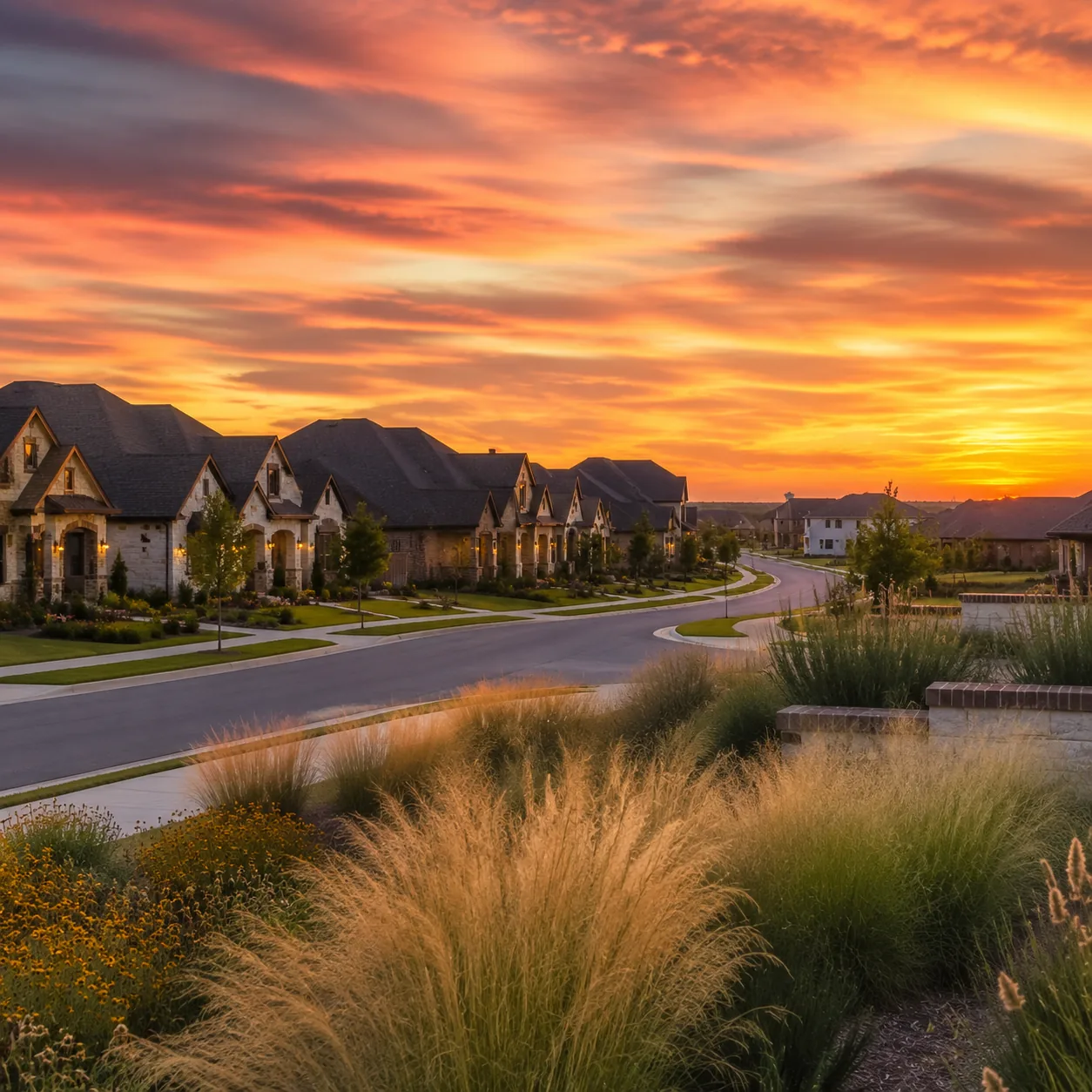 Realistic editorial photo of a McKinney Texas 55 plus section in a master-planned community with new homes, wide streets