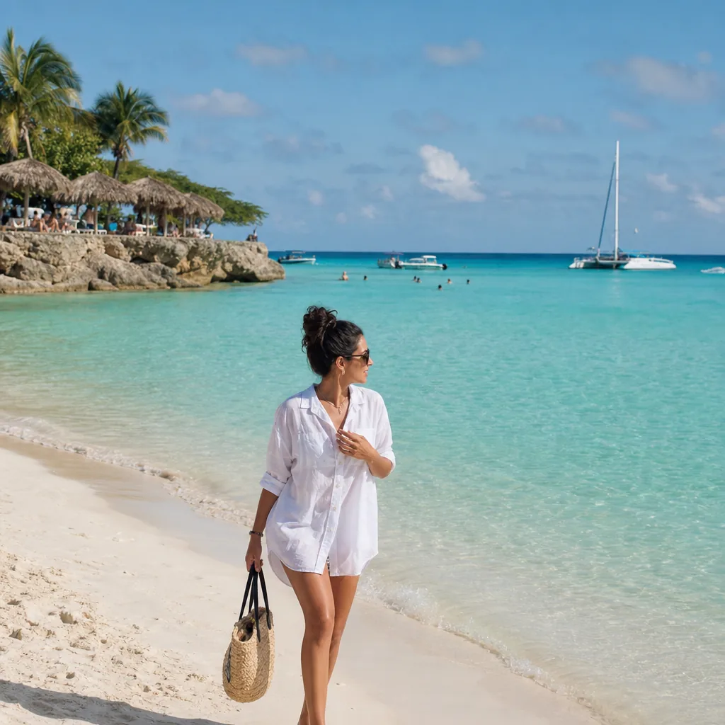 Realistic editorial photo of Aruba beach scene showing short stay with too many tours, dry island light and turquoise wa