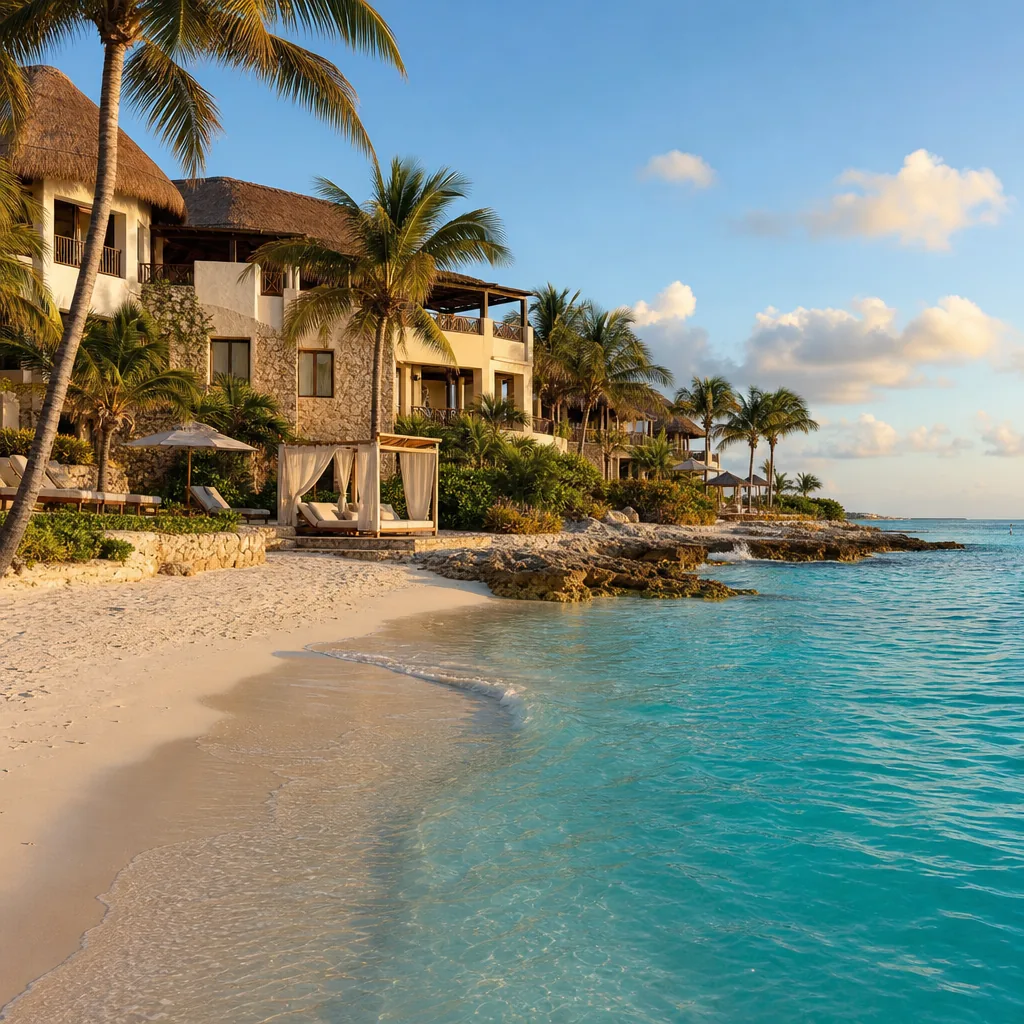Realistic editorial photo of Mexico resort scene showing every riviera maya beach is clear and calm, beach resort settin