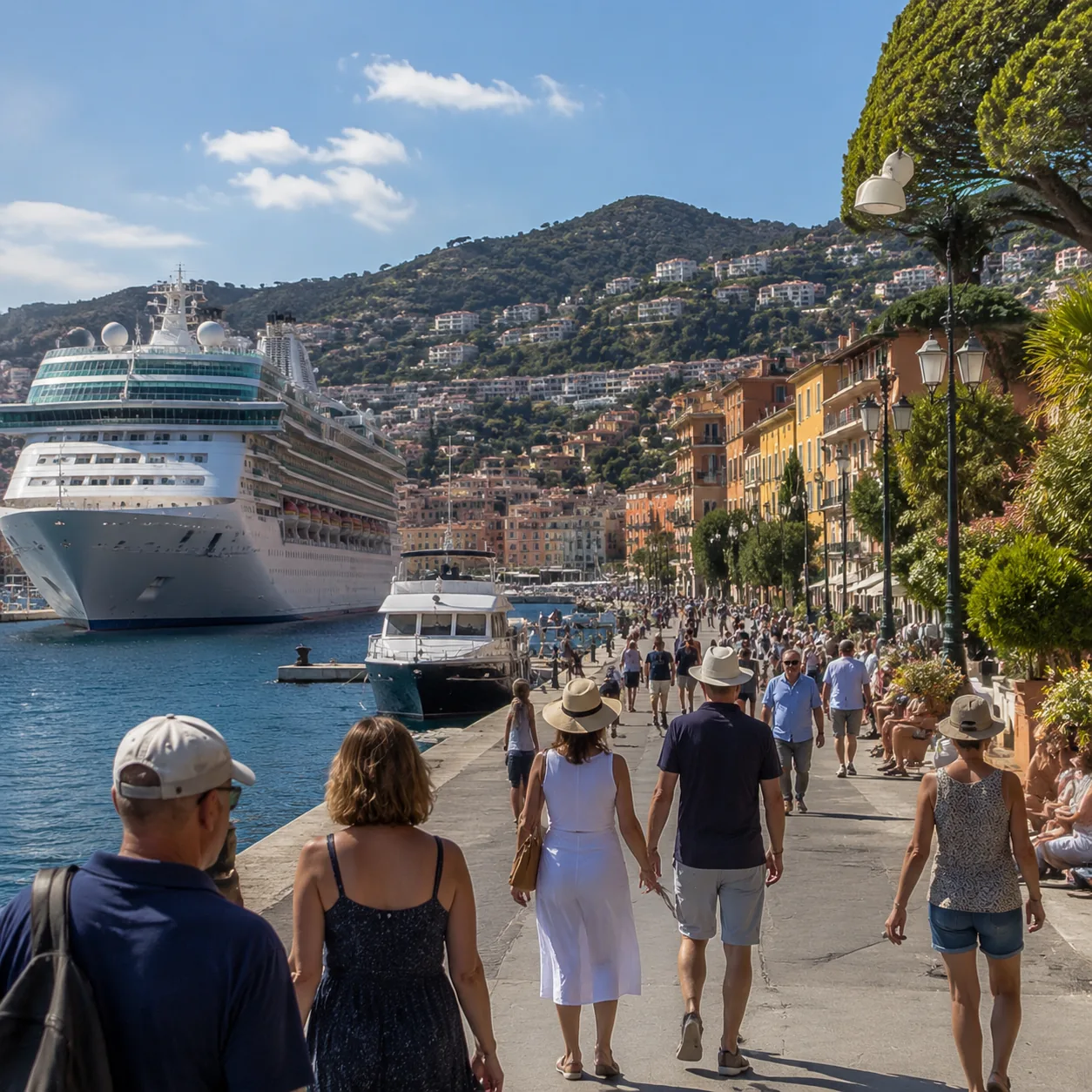 Realistic editorial photo of Nice Or Villefranche, France cruise port waterfront with visitors, local streets, and ship-
