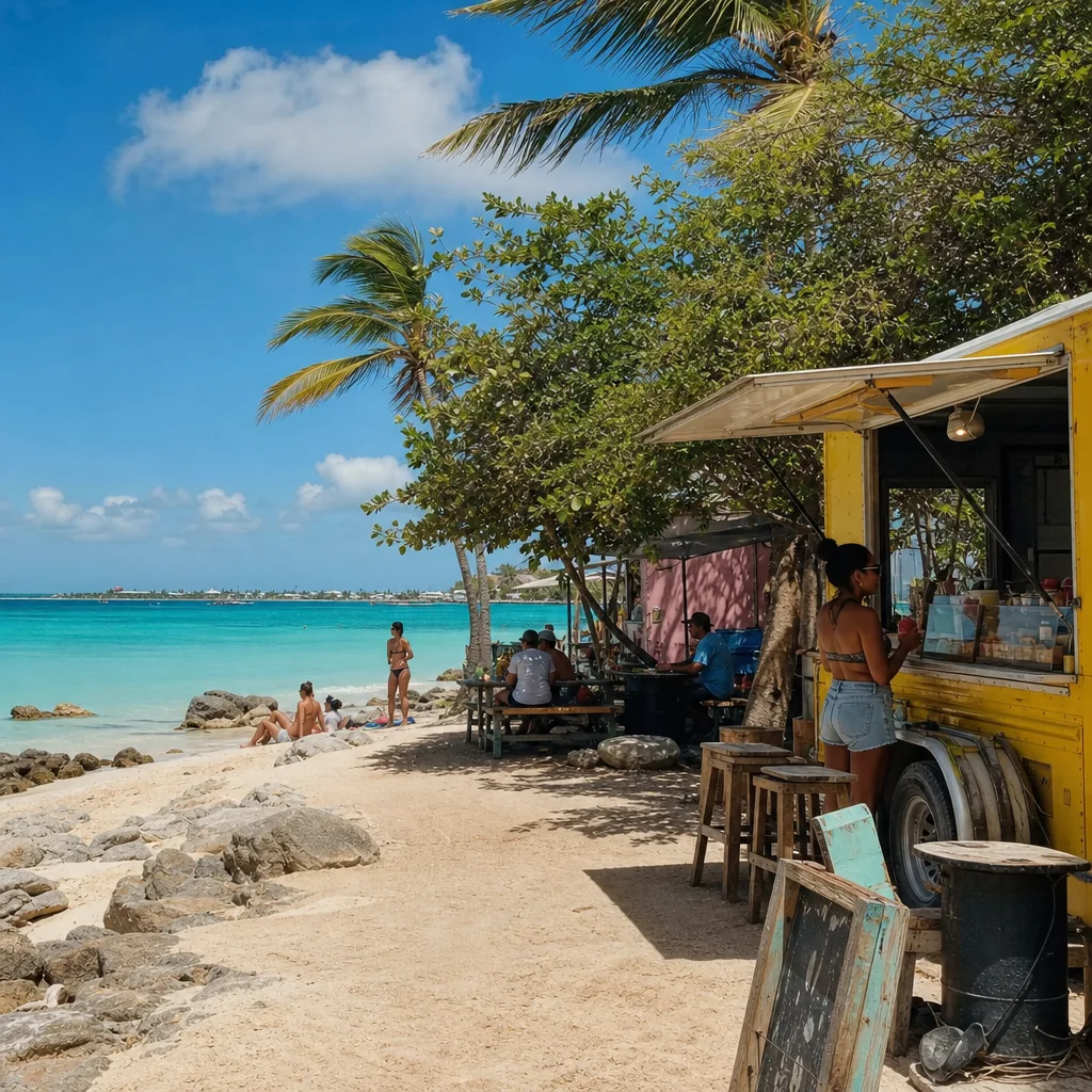 Realistic editorial photo of Aruba beach scene showing local food trucks and casual spots, dry island light and turquois