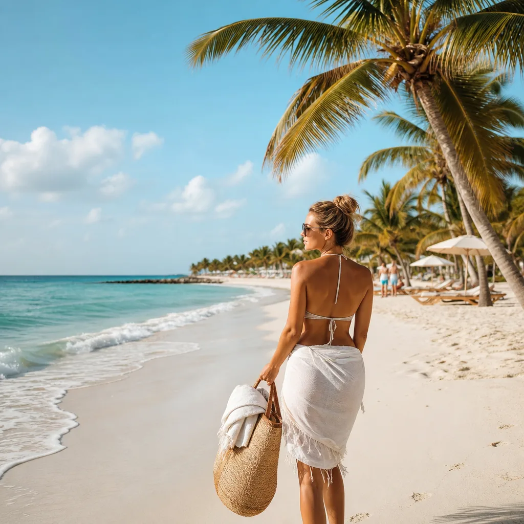 Realistic editorial photo of Florida beach vacation scene showing without checking beach renourishment work, bright coas