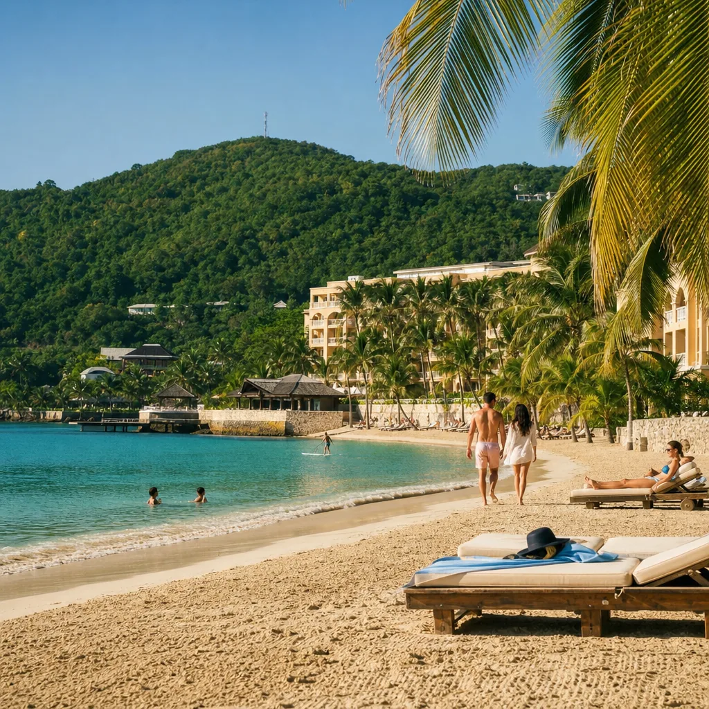 Realistic editorial photo of Jamaica all-inclusive resort scene showing family resort without reading kids club details,