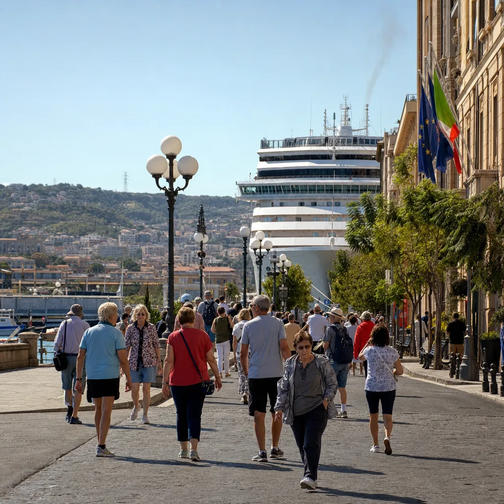 Realistic editorial photo of Messina, Sicily cruise port waterfront with visitors, local streets, and ship-day energy, w