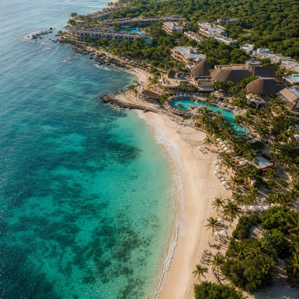 Realistic editorial photo of Mexico resort scene showing resort based only on drone photos, beach resort setting, warm n