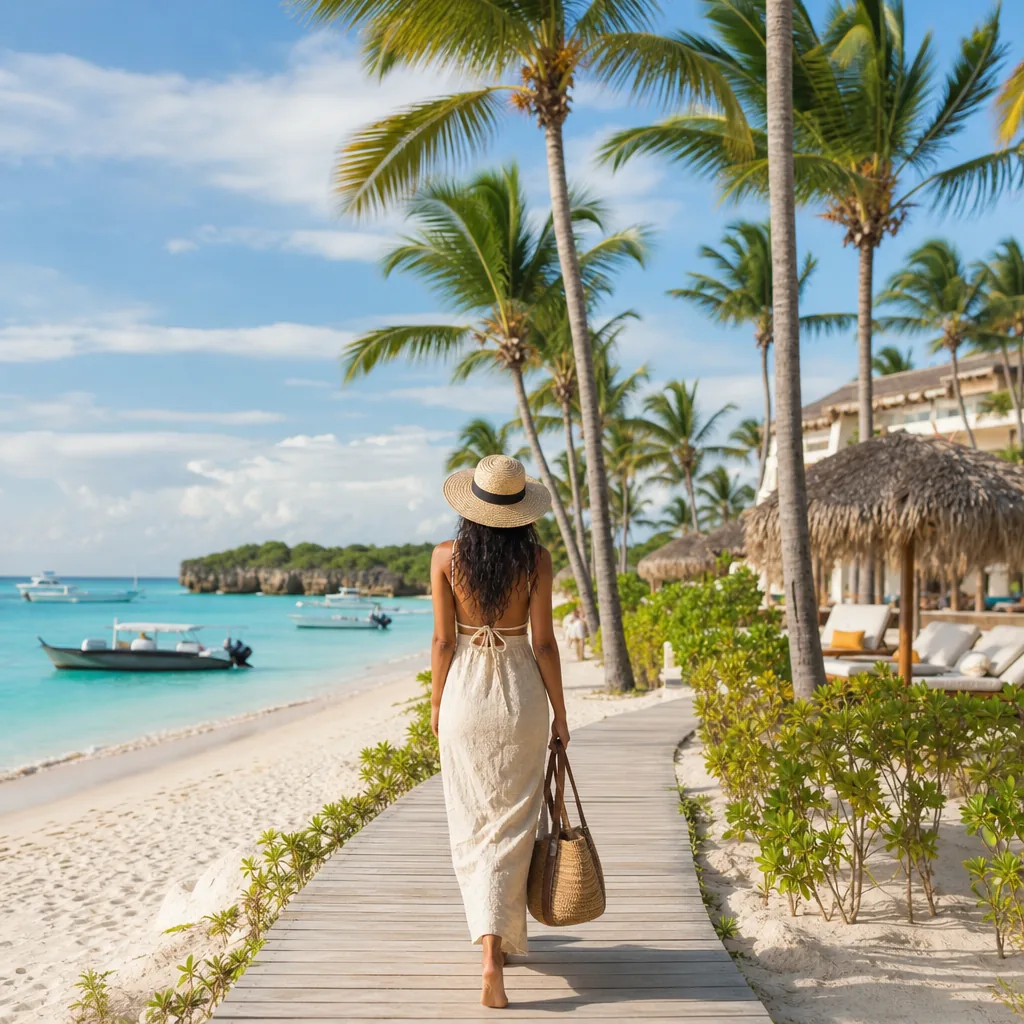 Realistic editorial photo of Punta Cana all-inclusive resort scene showing excursions are close, palms and resort beach,
