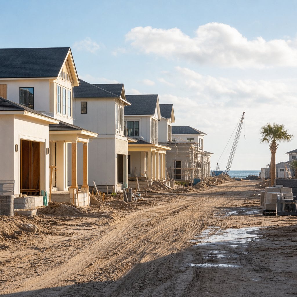 Fresh square editorial photo of a luxury Florida panhandle retirement community still under construction with partially finis