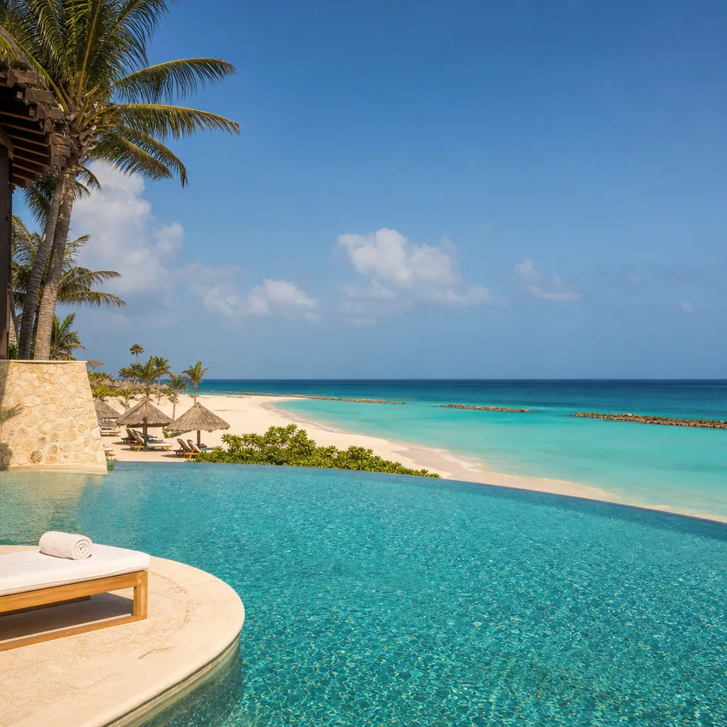 Realistic editorial photo of Aruba beach scene showing resort pool over the best beach hours, dry island light and turqu