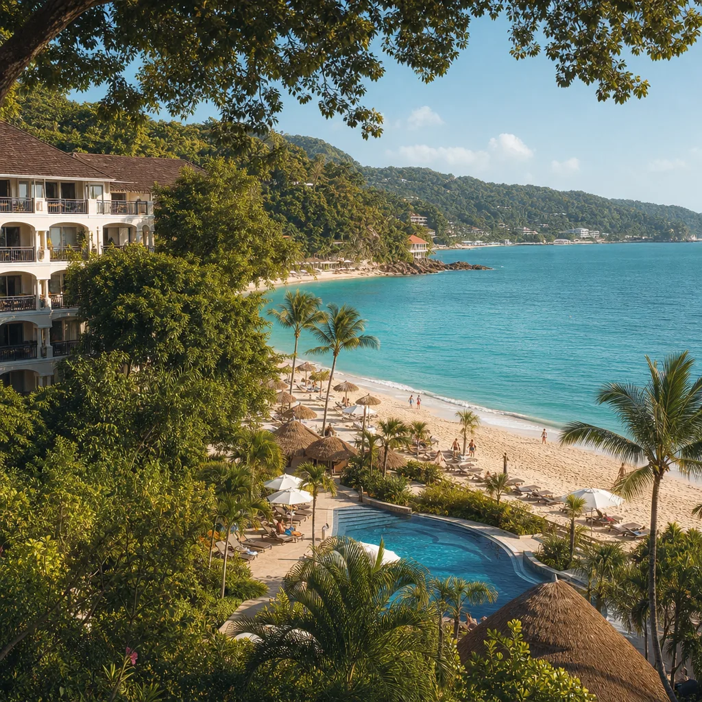 Realistic editorial photo of Jamaica all-inclusive resort scene showing ocean view prices with tree-blocked views, beach