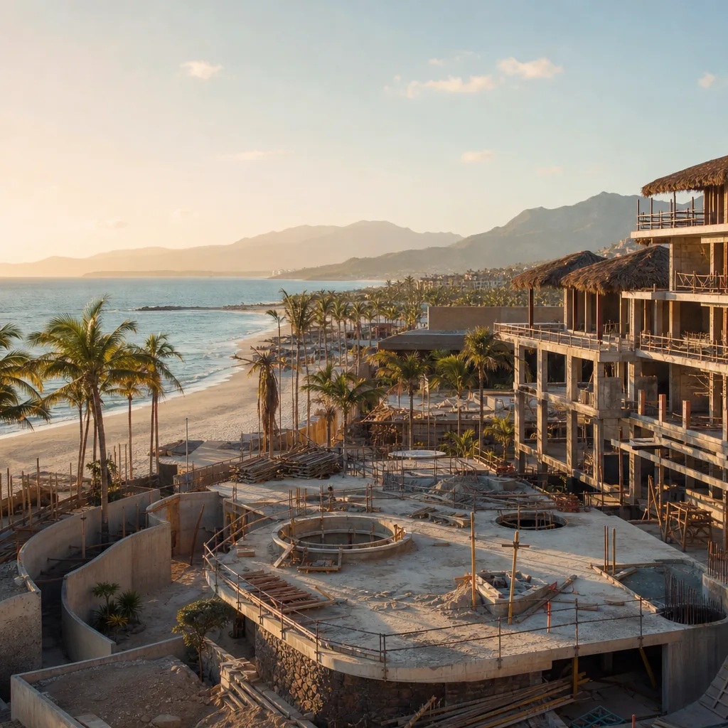 Realistic editorial photo of Mexico resort scene showing construction around new resort zones, beach resort setting, war
